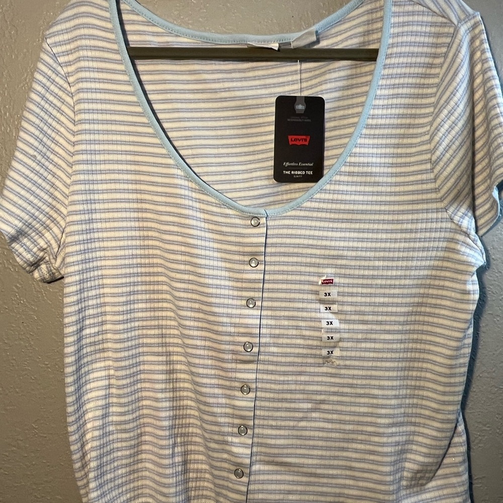 Levi's Women's Blue Striped Top Plus Size Y2K Cowl Wide Neck Button-up